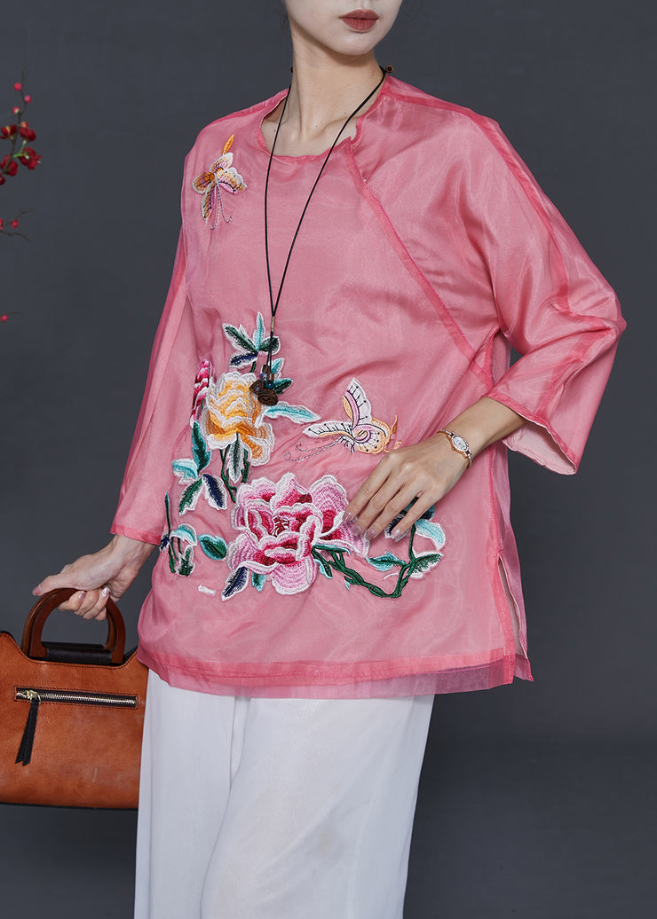 Beautiful Pink Embroidered Floral Organza Blouses Summer