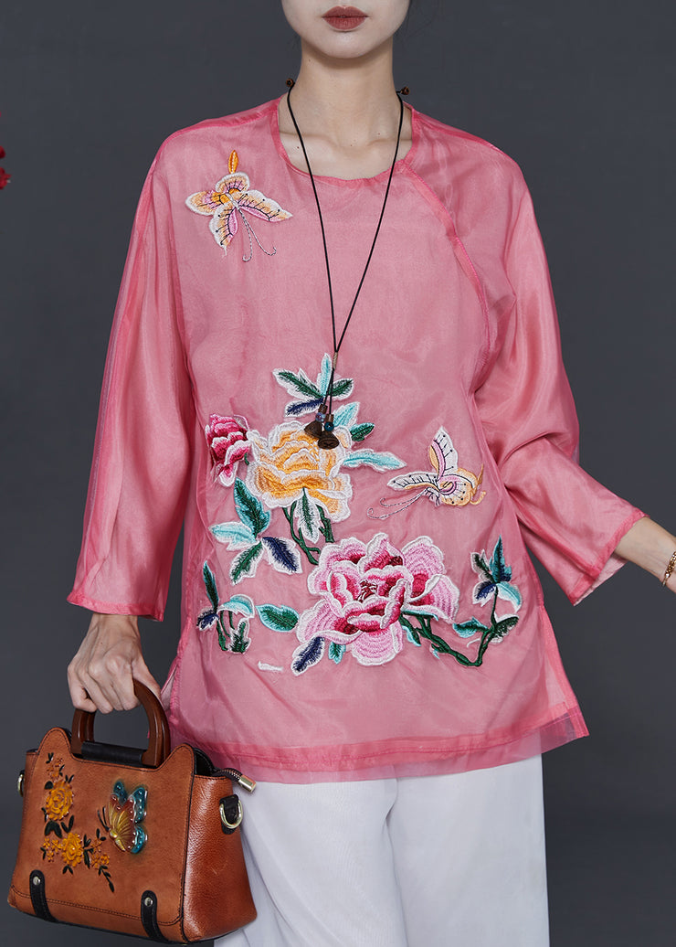 Beautiful Pink Embroidered Floral Organza Blouses Summer