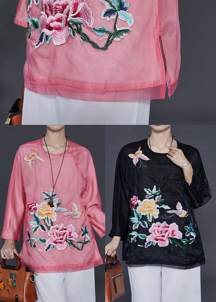 Beautiful Pink Embroidered Floral Organza Blouses Summer