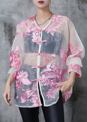 Beautiful Pink Embroidered Organza UPF 50+ Tops Summer