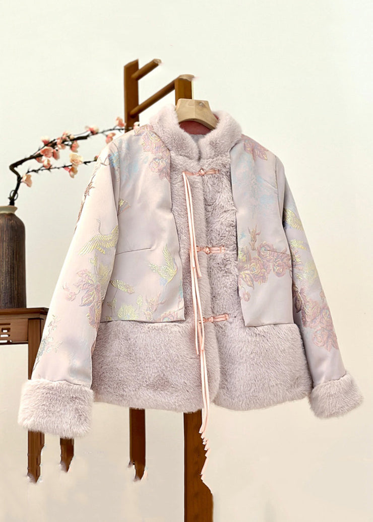 Beautiful Pink Fur Collar Print Patchwork Parka Winter