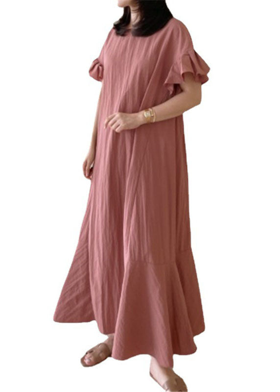 Beautiful Pink O-Neck Ruffled Patchwork Cotton Dresses Summer