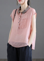 Beautiful Pink Peter Pan Collar Patchwork Button Linen Short Sleeve