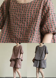 Beautiful Pink Plaid Patchwork Tops And Shorts Cotton Two Piece Suit Summer