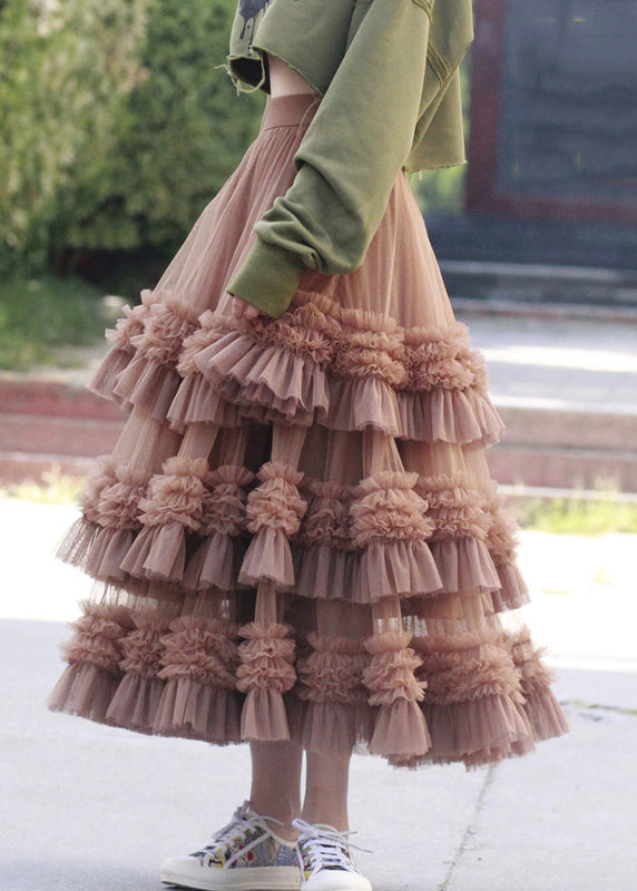 Beautiful Pink Ruffled High Waist Tulle Skirt Spring