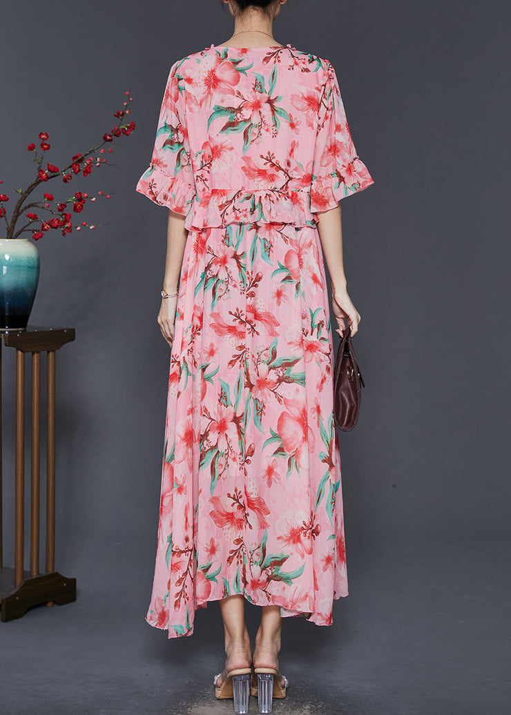 Beautiful Pink Ruffled Print Exra Large Hem Chiffon Dresses Summer