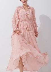 Beautiful Pink Ruffled Print Lace Up Chiffon Dress Fall