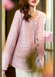 Beautiful Pink Sequins Button Thick Cotton Coats Long Sleeve