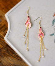 Beautiful Pink Sterling Silver Overgild Pearl Horseshoe Lotus Tassel Drop Earrings