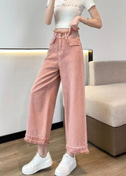 Beautiful Pink Tasseled High Waist Denim Wide Leg Pants Spring