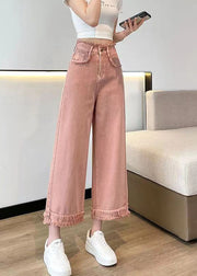 Beautiful Pink Tasseled High Waist Denim Wide Leg Pants Spring