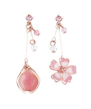 Beautiful Pink Water Drops And Cherry Blossoms Crystal Asymmetrical Design Drop Earrings