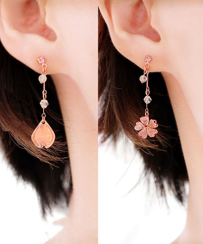 Beautiful Pink Water Drops And Cherry Blossoms Crystal Asymmetrical Design Drop Earrings