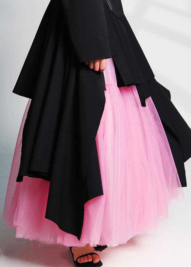 Beautiful Pink Wrinkled High Waist Tulle Skirts Summer