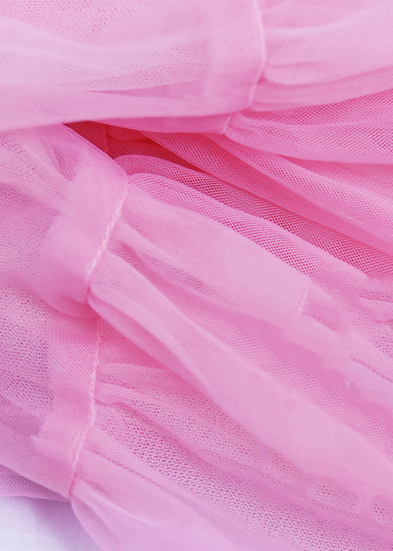 Beautiful Pink Wrinkled High Waist Tulle Skirts Summer