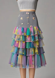 Beautiful Print Patchwork Layered Tulle Silm Fit Skirt Fall