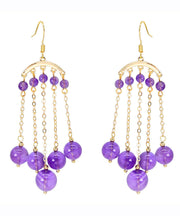 Beautiful Purple 14K Gold Crystal Tassel Drop Earrings