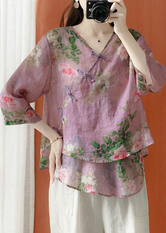 Beautiful brown Asymmetrical Print Linen Blouses Half Sleeve