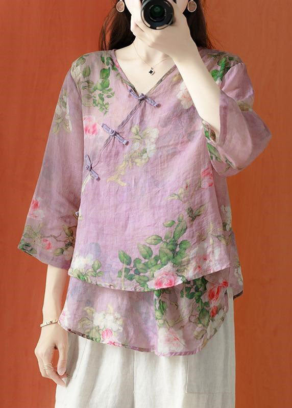 Beautiful brown Asymmetrical Print Linen Blouses Half Sleeve