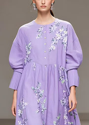 Beautiful Purple Button Print Cotton Long Dresses Fall