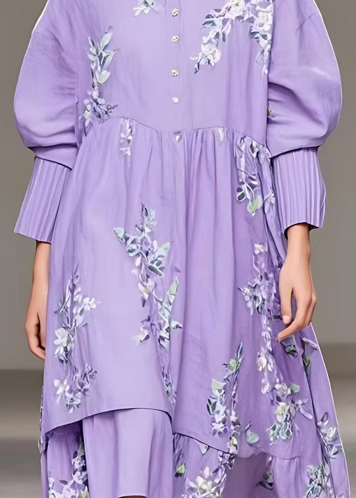 Beautiful Purple Button Print Cotton Long Dresses Fall