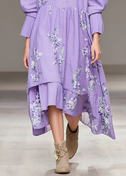 Beautiful Purple Button Print Cotton Long Dresses Fall