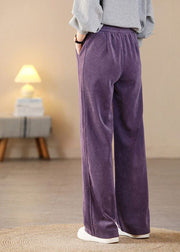 Beautiful Purple Elastic Waist Pockets Corduroy Straight Pants Spring