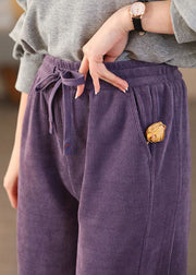 Beautiful Purple Elastic Waist Pockets Corduroy Straight Pants Spring