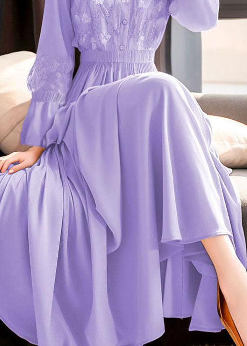 Beautiful Purple Embroidered Lace Elastic Waist Maxi Dresses Fall