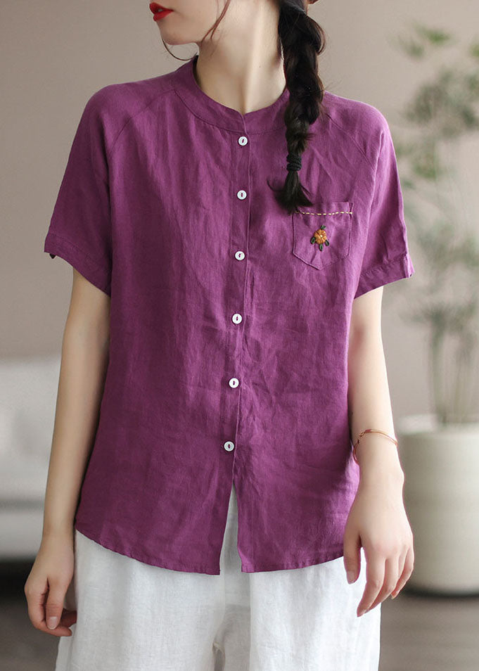 Beautiful Purple Embroideried Patchwork Linen Blouse Top Summer