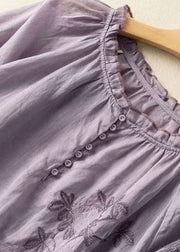 Beautiful Purple Embroideried Patchwork Linen T Shirt Top Summer