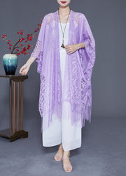 Beautiful Purple Hollow Out Tasseled Lace Scarf