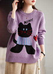 Beautiful Purple O-Neck Animal Print Thick Cotton Knit Sweater Long Sleeve