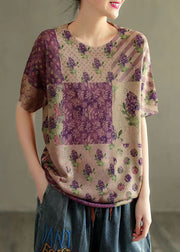 Beautiful Purple O Neck Print Patchwork Thin Cotton Knit Tops Summer