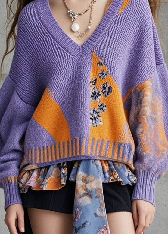 Beautiful Purple Oversized Patchwork Knit Sweaters Fall