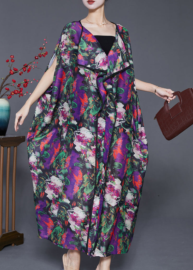 Beautiful Purple Oversized Print Chiffon Long Dresses Batwing Sleeve