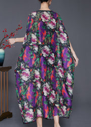 Beautiful Purple Oversized Print Chiffon Long Dresses Batwing Sleeve