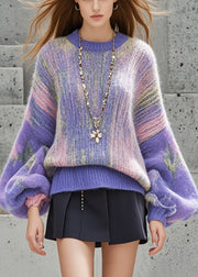 Beautiful Purple Oversized Print Thick Short Sweater Lantern Sleeve