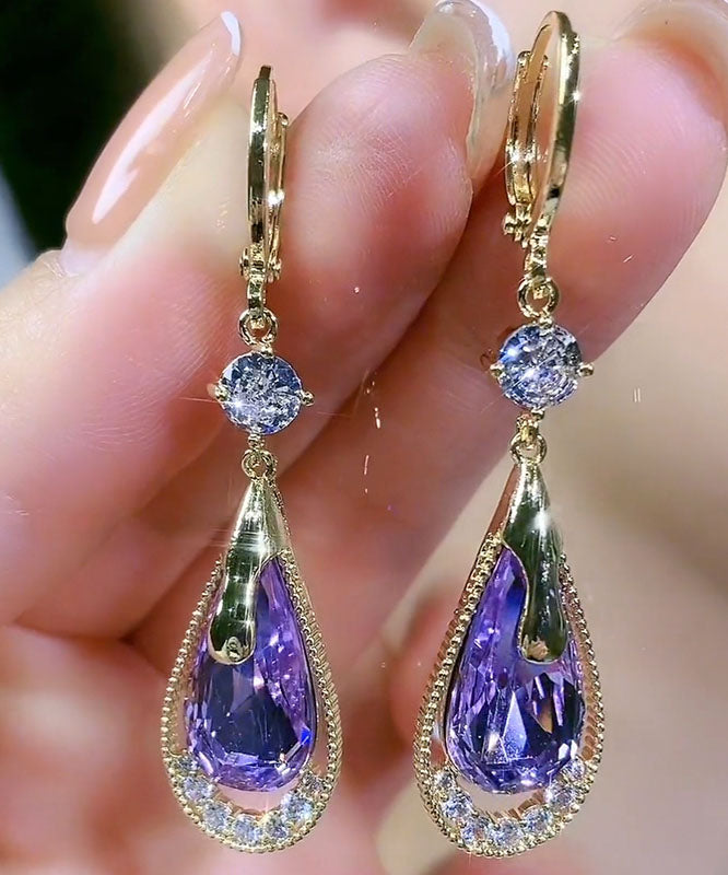 Beautiful Purple Sterling Silver Inlaid Zircon Crystal Water Drop Drop Earrings