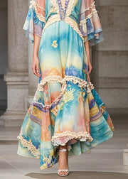 Beautiful Rainbow Ruffled Patchwork Chiffon Maxi Dress Summer