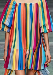 Beautiful Rainbow Square Colla Striped Chiffon Tea Dress Summer