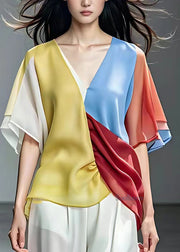 Beautiful Rainbow V Neck Asymmetrical Chiffon Shirts Short Sleeve