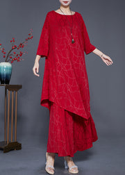 Beautiful Red Asymmetrical Oversized Silk Two Pieces Set Summer