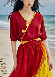 Beautiful Red Asymmetrical Ruffled Patchwork Chiffon Dress Summer