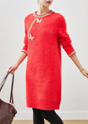 Beautiful Red Butterfly Knit Sweater Dress Winter