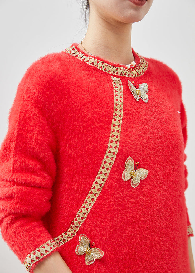 Beautiful Red Butterfly Knit Sweater Dress Winter