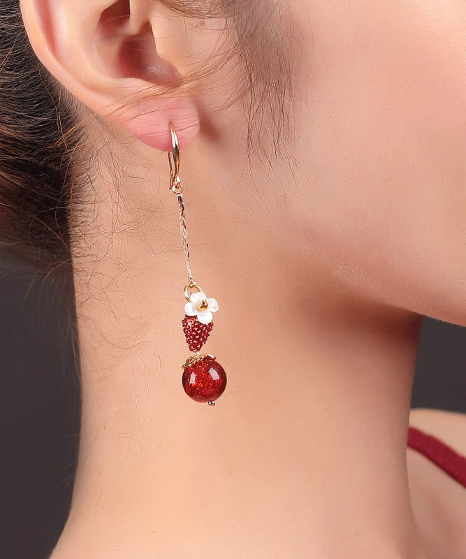 Beautiful Red Copper Cloisonne Cloured Glaze Strawberry Shell Flower Drop Earrings