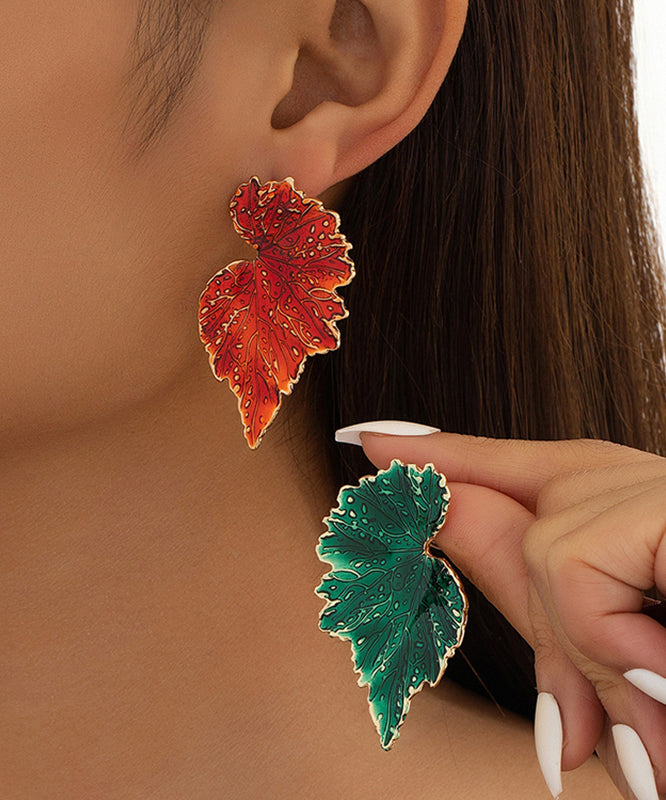 Beautiful Red Copper Overgild Copper Leaves Stud Earrings