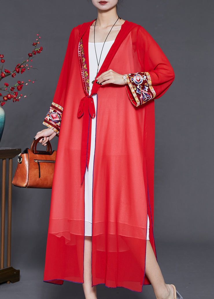 Beautiful Red Embroidered Side Open Chiffon Hooded Cardigan Summer