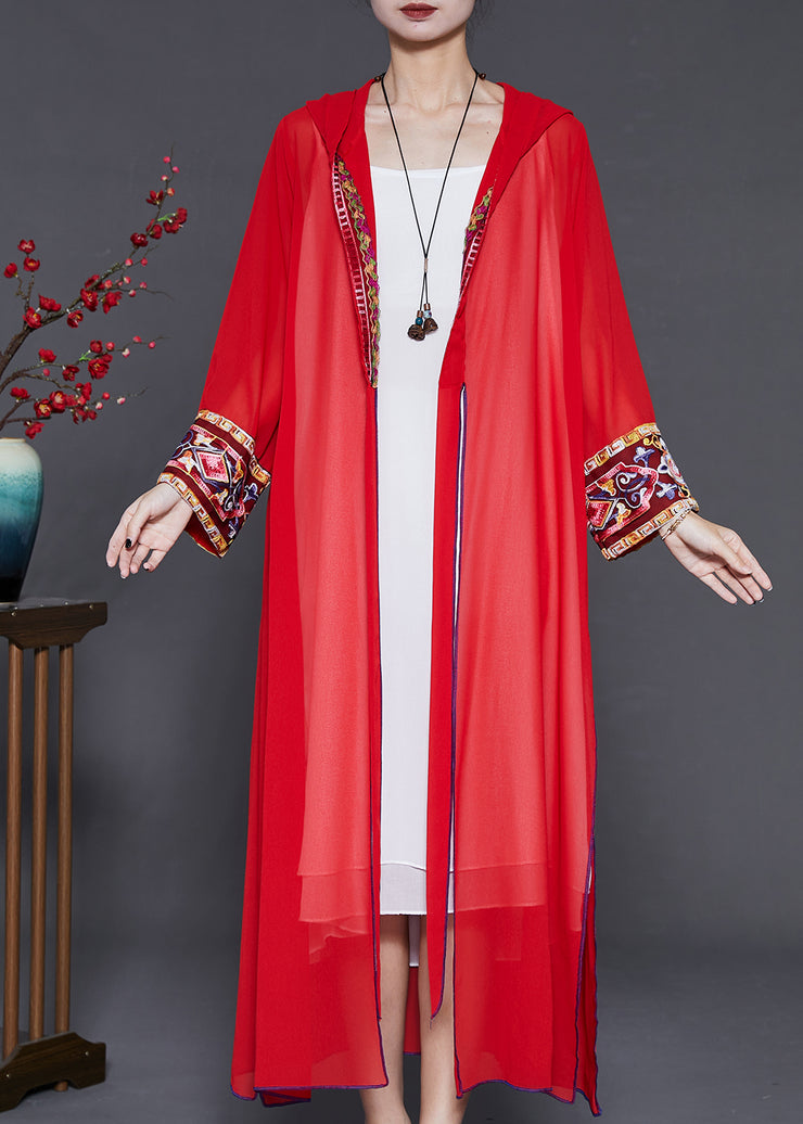 Beautiful Red Embroidered Side Open Chiffon Hooded Cardigan Summer